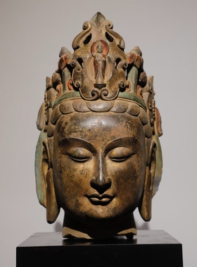 石雕仿古复古北齐青石彩绘观音头佛头佛首摆件做旧摆放佛堂供养