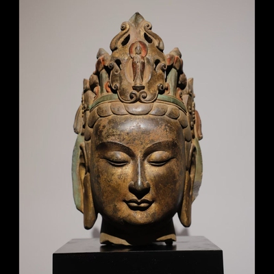 石雕仿古复古北齐青石彩绘观音头佛头佛首摆件做旧摆放佛堂供养