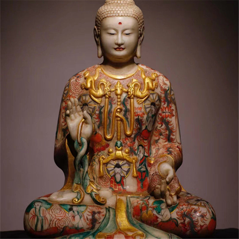 石雕仿古复古北齐汉白玉彩绘坐佛释迦摩尼满彩绘佛像摆件做旧摆放