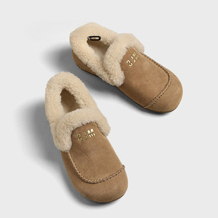 外穿加绒保暖一脚蹬毛毛鞋 女秋冬新款 真皮豆豆棉鞋