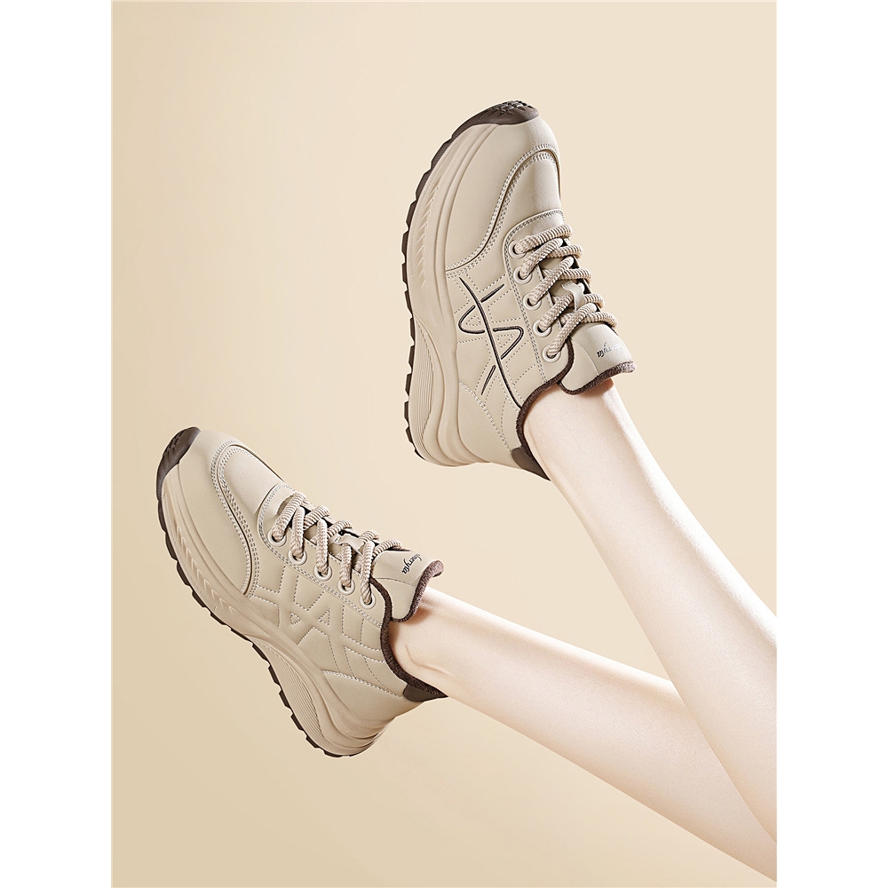 加绒女鞋秋冬新款大码鞋子运动休闲鞋女厚底增高老爹旅游鞋真皮