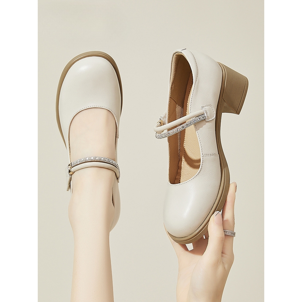 真皮小皮鞋女款2025新款秋季单鞋粗跟配裙子法式玛丽珍女鞋