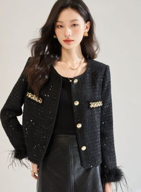 26秋冬新可拆卸鸵鸟毛黑色圆领上衣老佛爷同款小香风外套女22666