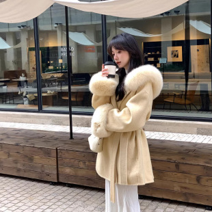 雪山大衣26冬季 感连帽狐狸毛双面羊毛大衣羊毛呢皮草外套 新款