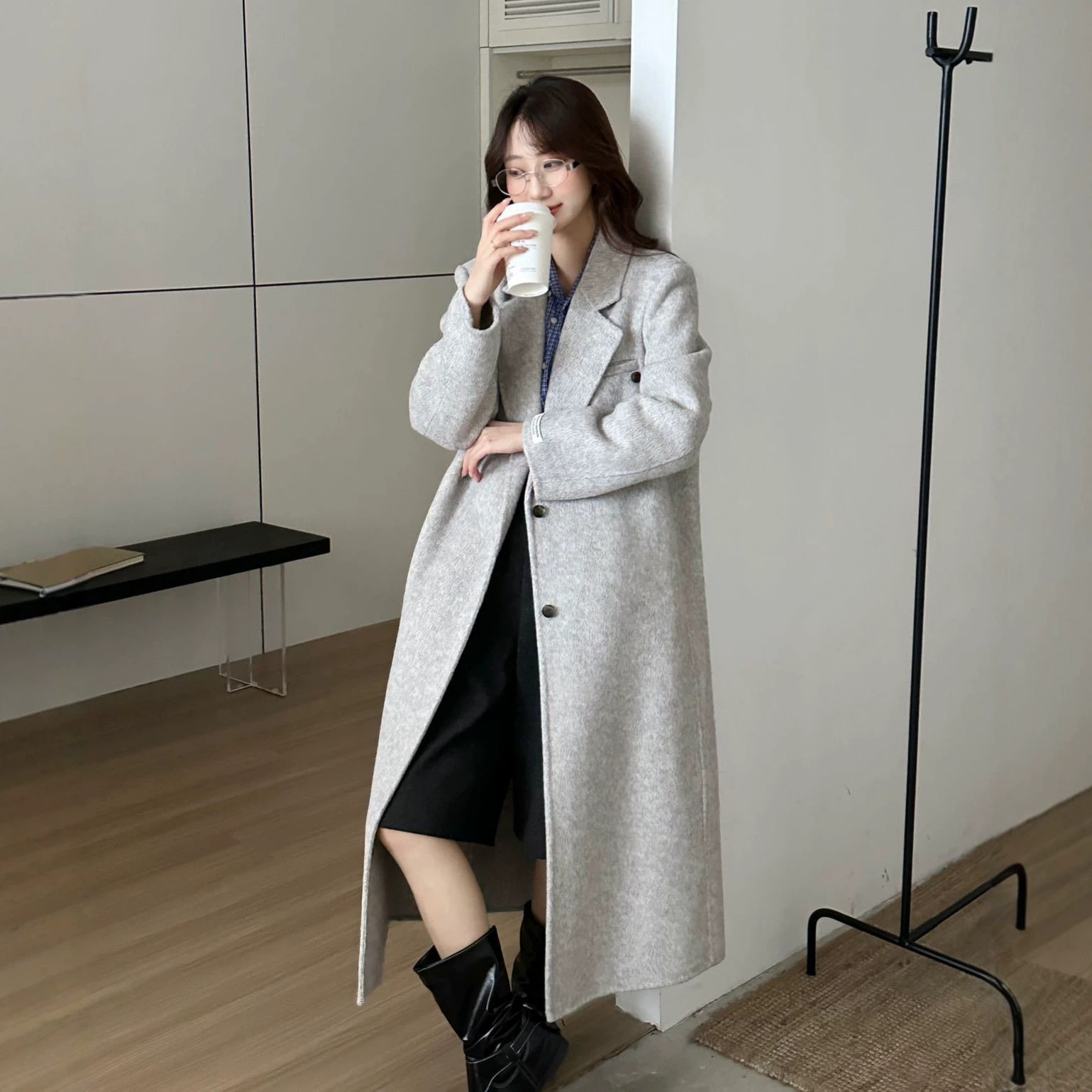 秋冬通勤双面羊毛长款大衣女