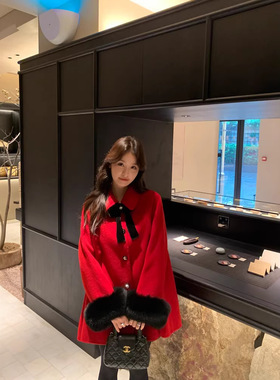 千金1OO羊毛真狐狸毛双面呢斗篷大衣女红色可拆卸蝴蝶结毛呢外套