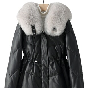 海宁冬季新款2026女大毛领狐狸毛真皮中长款宽松真皮羽绒服外套