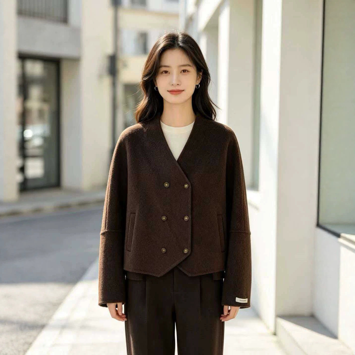羊毛双面毛呢小香风短款外套女