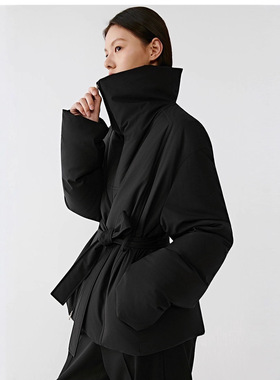 小禾鹅绒服女2026冬丝羊毛收腰显瘦短款立领保暖羽绒服黑色外套