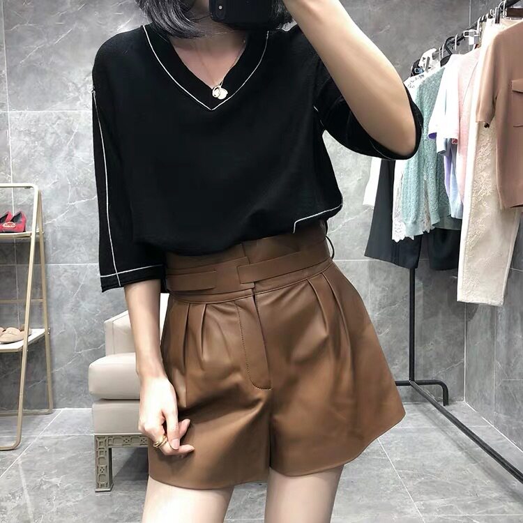 春季真皮绵羊皮高腰显瘦阔腿短裤