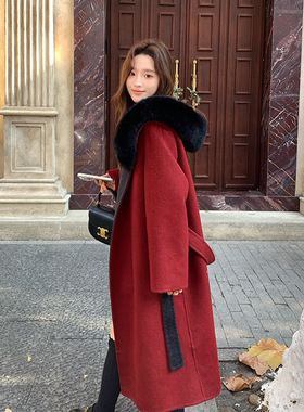 雪后女神狐狸毛领毛呢外套女红色2026新年结婚新娘双面呢羊毛大衣