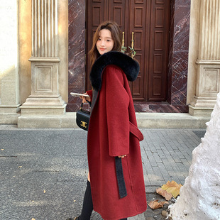 雪后女神狐狸毛领毛呢外套女红色2026新年结婚新娘双面呢羊毛大衣