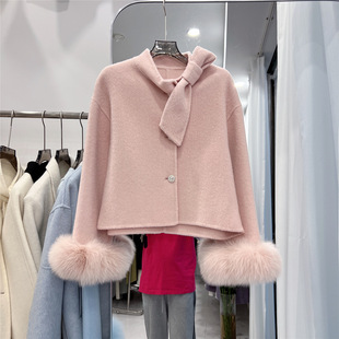 2026秋冬新款小个子短款高级感狐狸毛袖双面羊绒大衣女羊毛外套