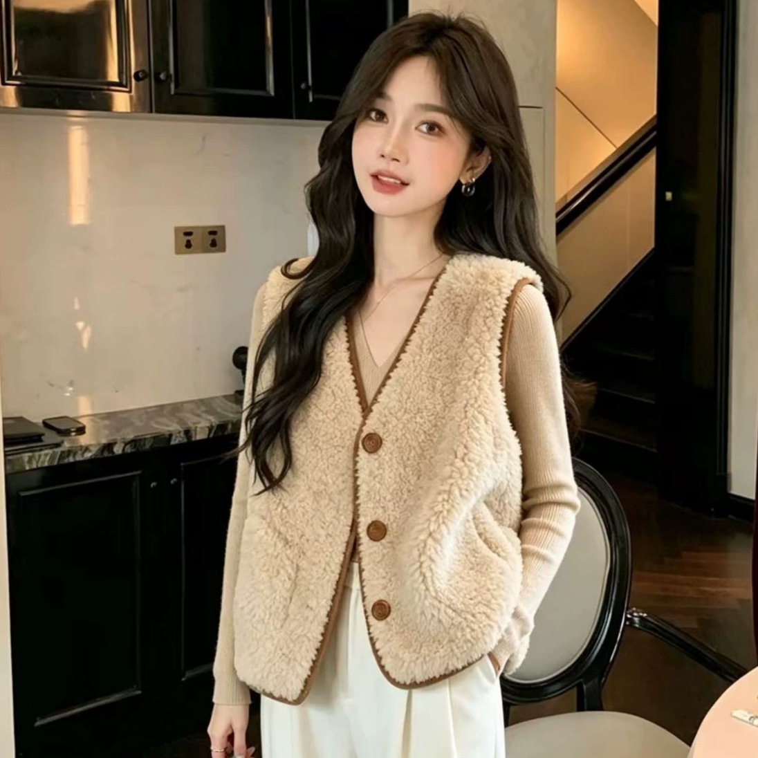 小个子短款秋冬新羊羔毛羊剪绒皮毛一体马甲两面穿外套女V领韩系