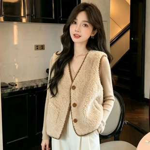 小个子短款秋冬新羊羔毛羊剪绒皮毛一体马甲两面穿外套女V领韩系