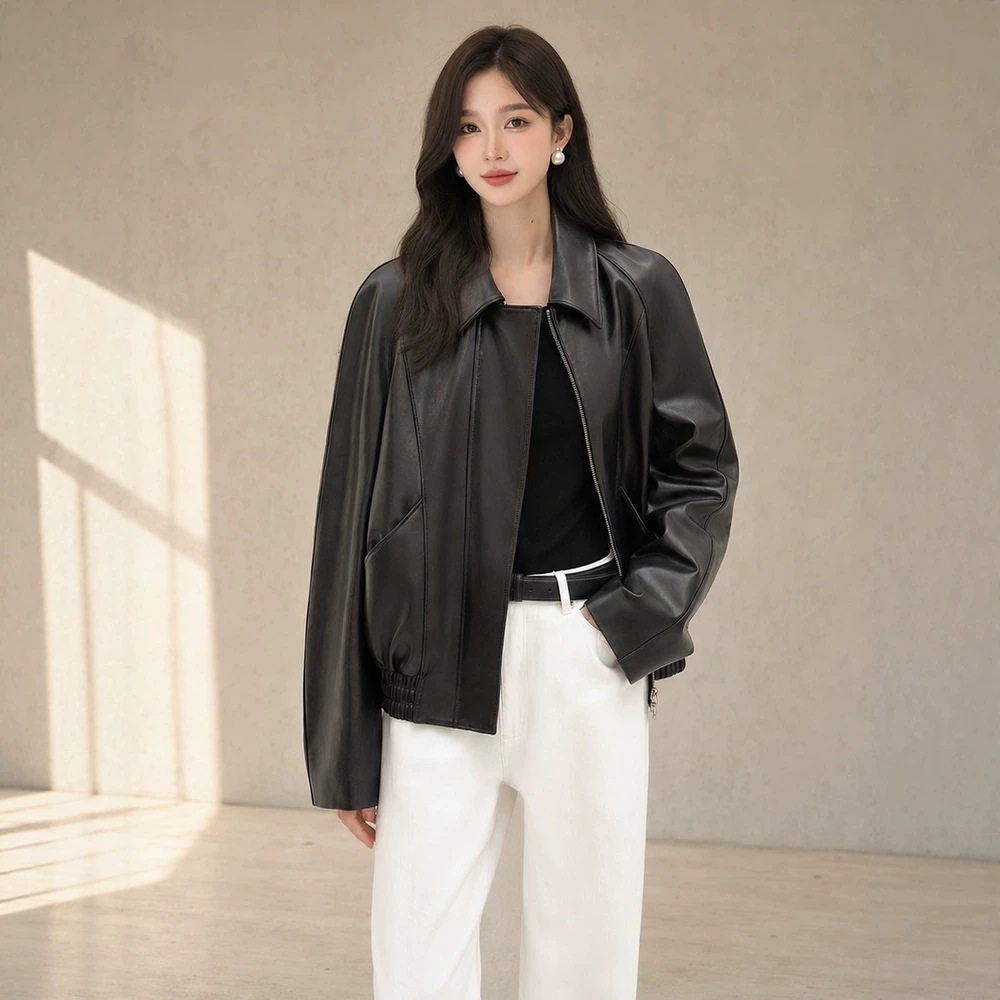 2026开春短款羊皮夹克女时髦