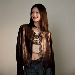 【冷萃皮衣】2026新品油蜡绵羊皮真皮皮衣女翻领拉链夹克外套春款