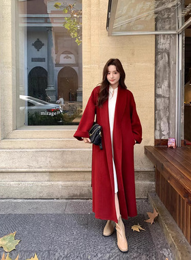 2025冬新款100绵羊毛双面呢大衣女红色本命年毛呢收腰外套感