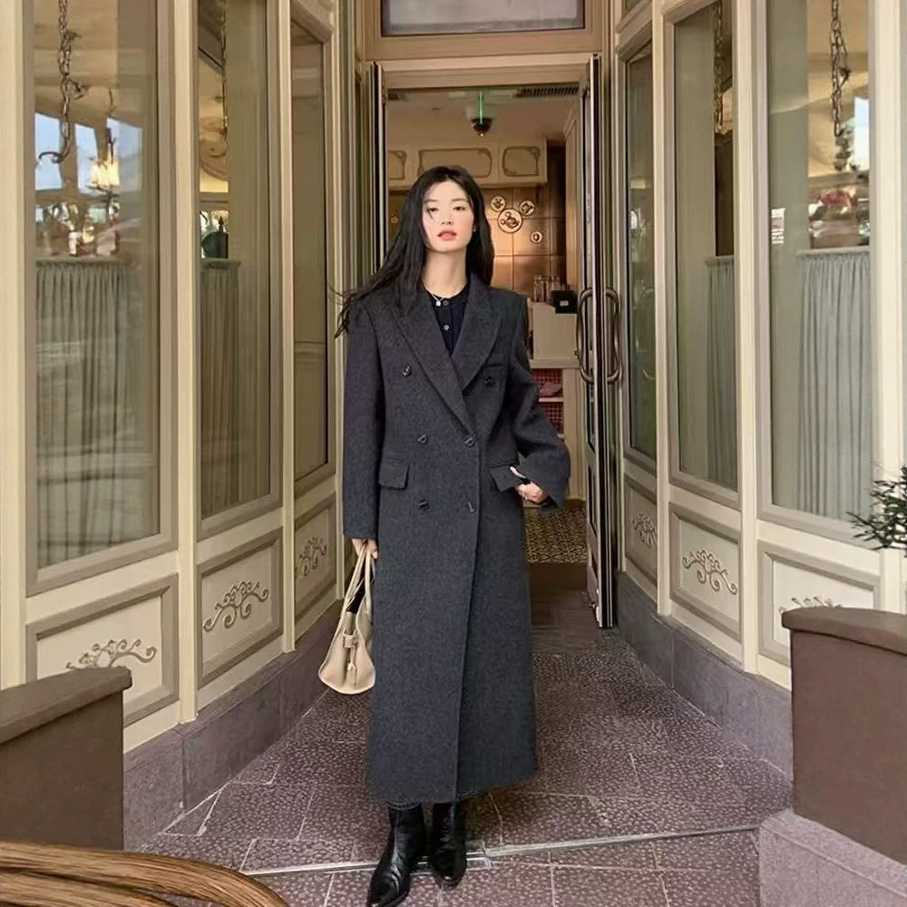 2026秋冬女中长款灰色毛呢大衣