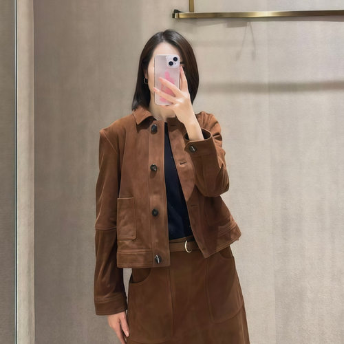 M家春季反绒羊皮短款翻领夹克女
