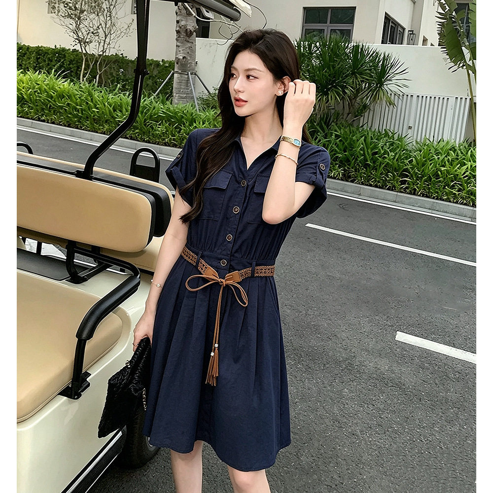 亚麻混纺老钱风短袖收腰连衣裙