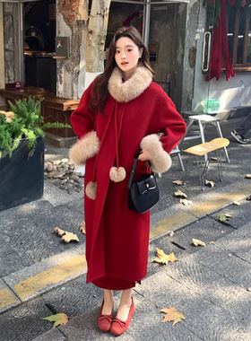 甜心奶球红色大衣女本命年2026新款冬新娘结婚全羊毛双面呢子外套