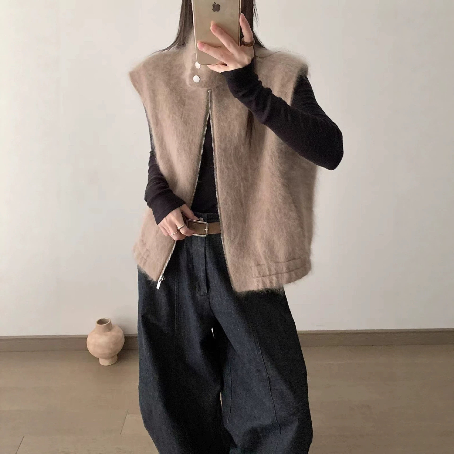 5山羊绒6桑蚕丝89绵羊毛立领拉毛复合麂皮绒女马甲拉链羊毛外套