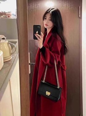 红色双面羊毛大衣女中长款慵懒风新娘结婚敬酒礼服年轻羊毛呢外套