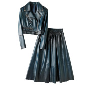 夹克机车渐变色绵羊皮中裙套装 海宁真皮皮衣女短款 新款 2026秋季