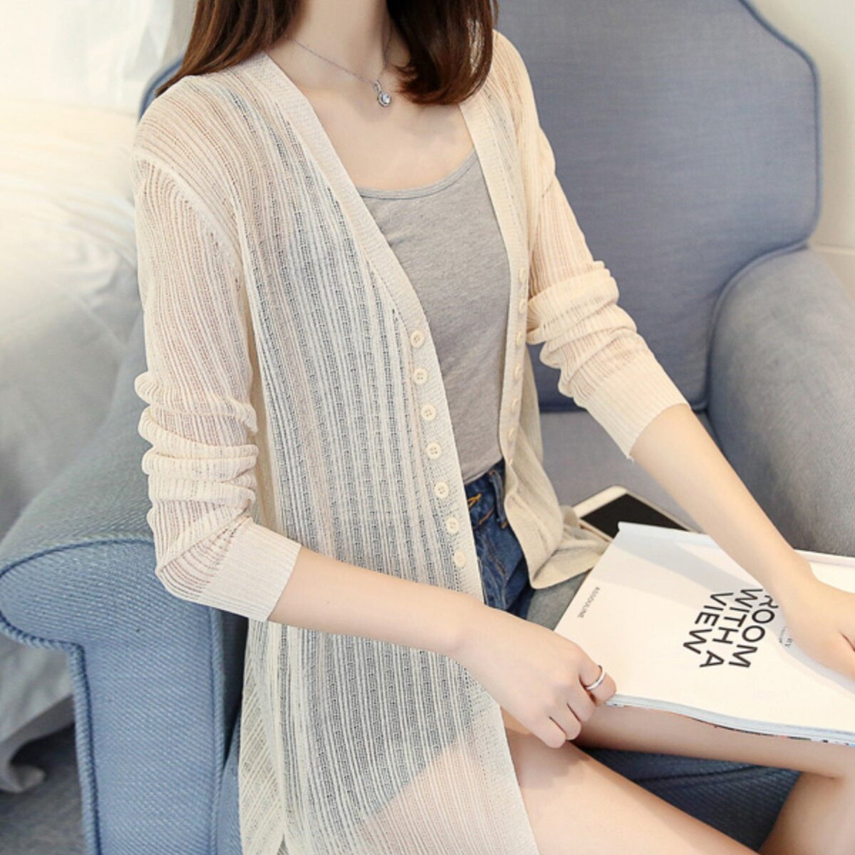 办公室空调衫冰丝针织开衫女中长款薄纱夏披肩亚麻防晒衫外搭薄款