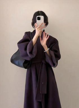 紫色韵味v领赫本风气质韵味系带中长款羊毛外套羊毛大衣双面呢