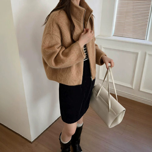 山羊绒桑蚕丝羊毛立领拉链女外套