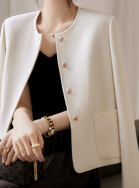 羊毛精纺小香风外套 极简感气质黑色/白色短款女装新款春秋季2026