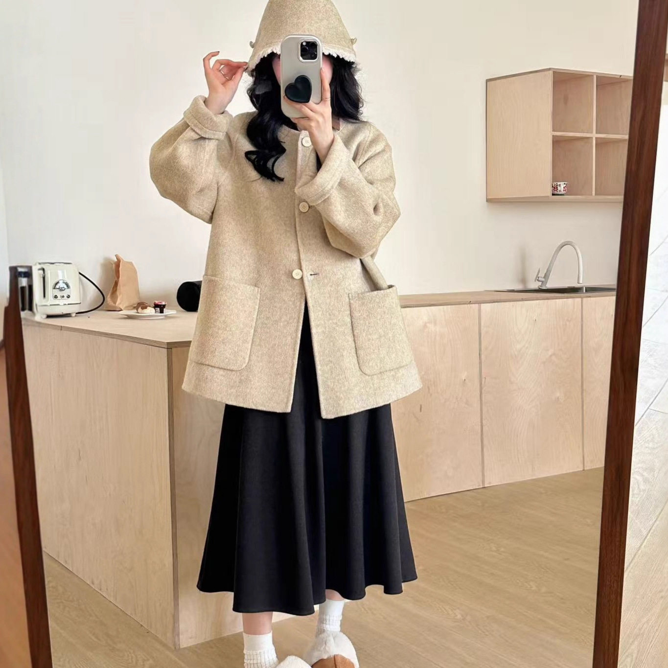 送包包帽子双面羊毛大衣女