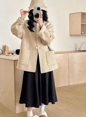 送包包帽子双面羊毛大衣女