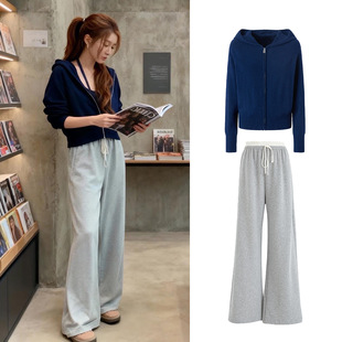 针织衫拉链连帽卫衣女韩版短款外套灰色休闲长筒裤系带套装女