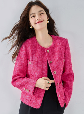 26秋季女小香风短外套火龙果色显白小圆领羊毛编织感短外套15388