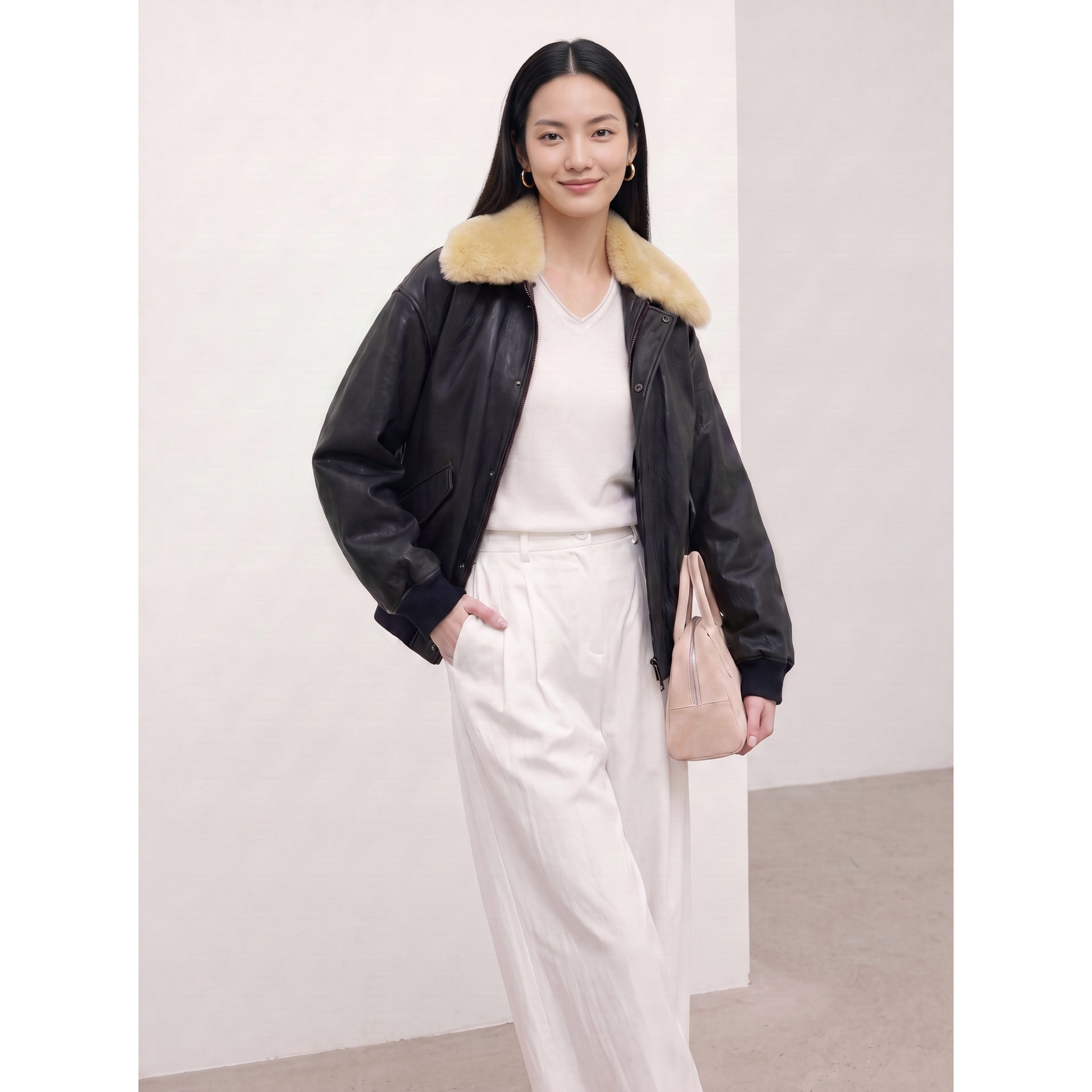 真皮羊皮白鹅绒翻领皮衣女冬