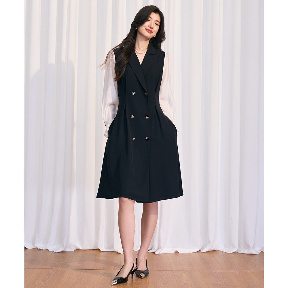 2026春新法式复古赫本风黑色拼接假两件西装领中长款连衣裙,女装/女士精品,连衣裙,淘宝优惠券,粉丝福利购,淘宝优惠卷