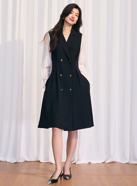 2026春新法式复古赫本风黑色拼接假两件西装领中长款连衣裙