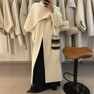 全羊毛大衣女冬千金名媛重工狐狸毛口袋系带加厚呢子外套双面大衣
