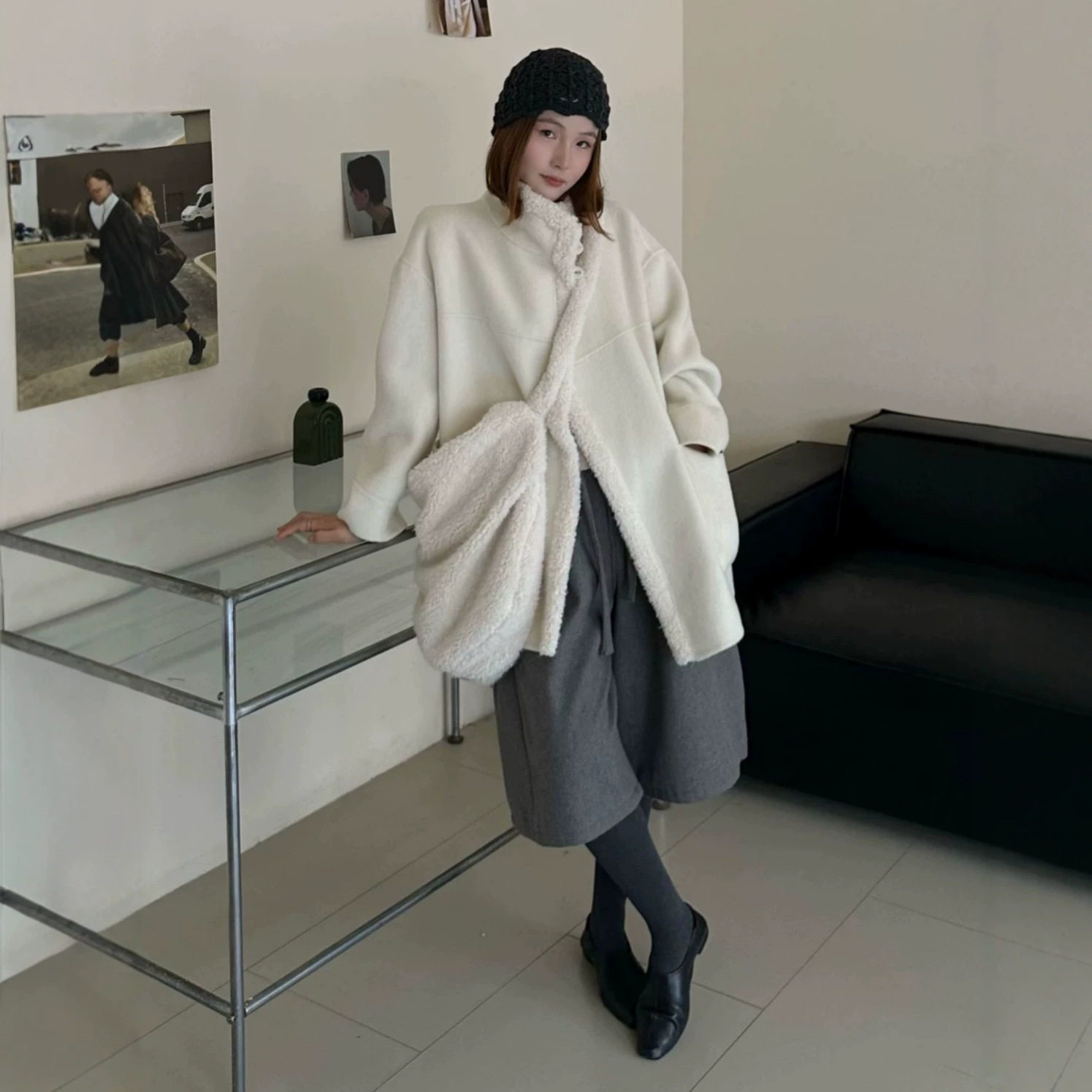 羊羔毛双面呢加厚大衣女韩版显瘦