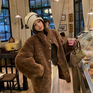 |枫糖奶咖两面穿100羊羔毛皮草外套女2026秋冬新款大衣外搭宽松