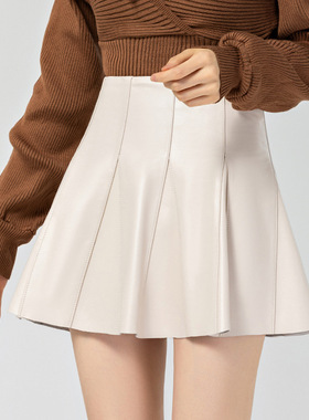 真皮半身裙女2026春秋新款高腰显瘦小伞裙绵羊皮百褶短裙白色皮裙