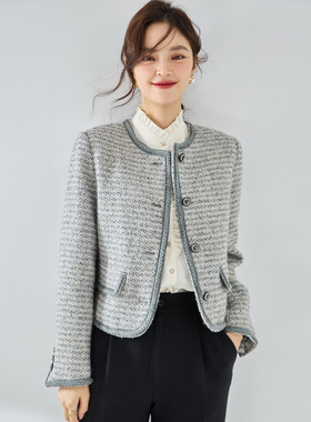 2026秋季新款圆领百搭修身显瘦短款外套灰色小香风短外套女15368