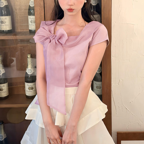SN26春夏新品甜美薄纱蝴蝶结领短袖收腰T恤甜美风上衣SWCT261306