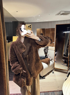 |枫糖奶咖|100绵羊毛皮毛一体擦色涂饰两面穿皮草外套女羊羔毛