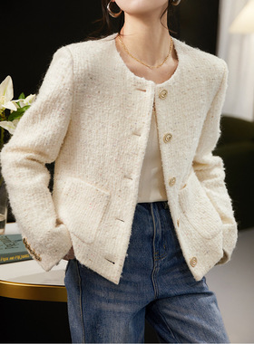 羊毛高级小香风外套秋季女装粗花呢短款时尚白色上衣2026