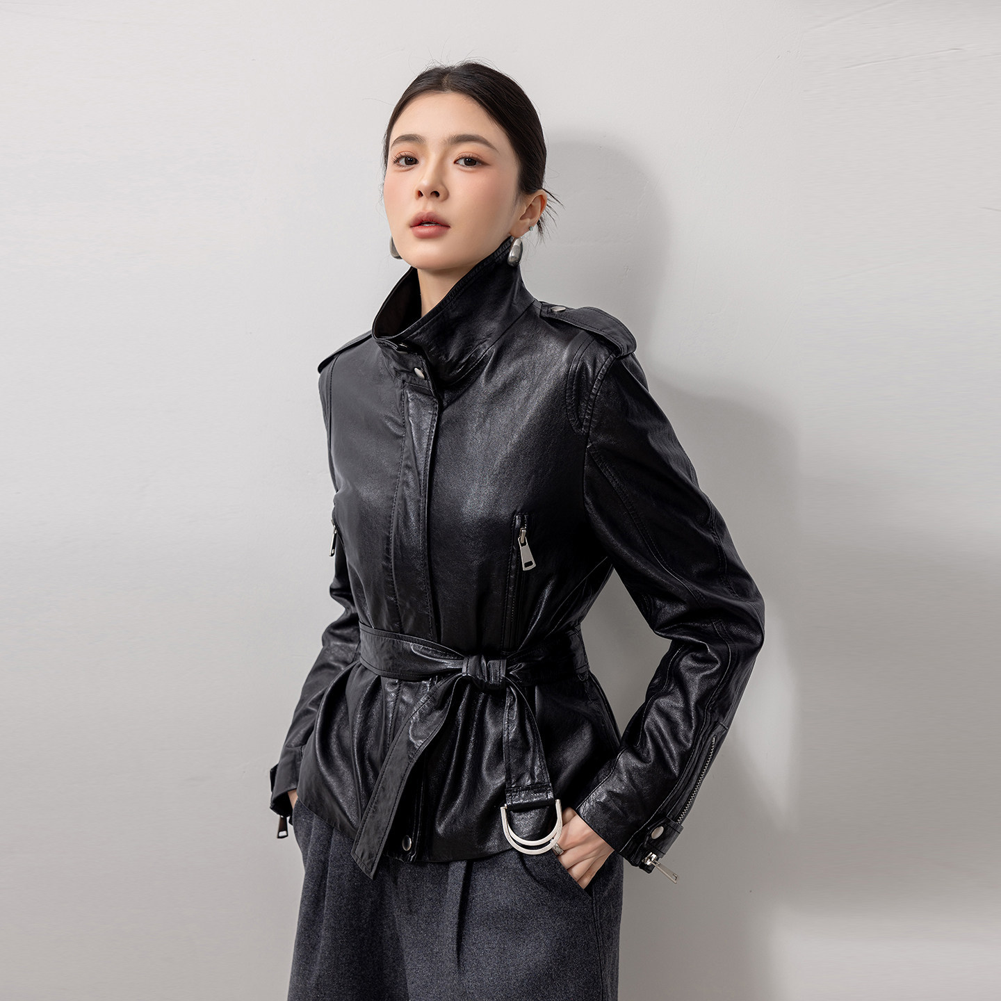 进口羊皮立领短款机车皮衣女