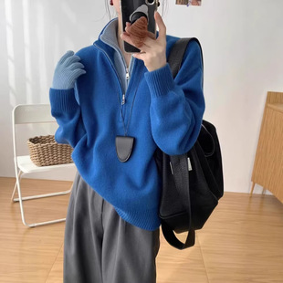 克莱因蓝色假两件半拉链立领毛衣女秋冬设计感独特别致针织衫上衣